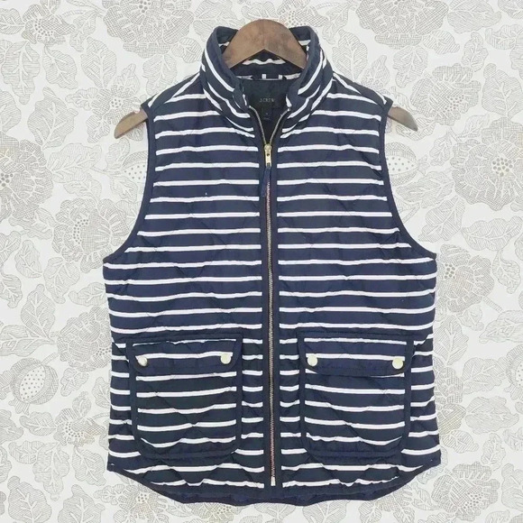 J. Crew Down Striped Full Zip Vest Jacket Women's M Navy Blue 2725 - Picture 1 of 8